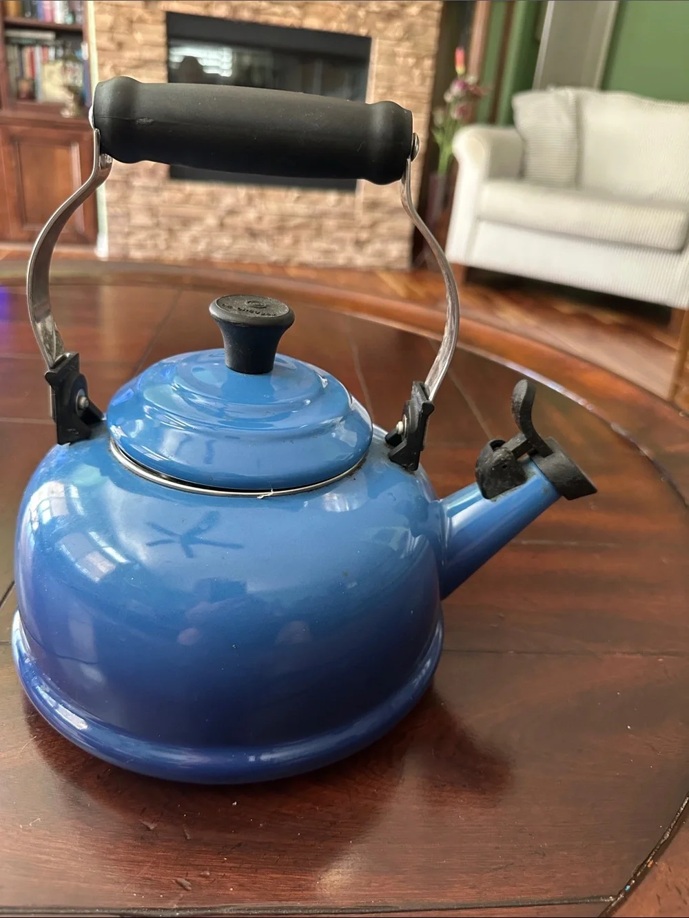 Le Creuset Blue Enamel Whistling Tea Kettle with Black Handle